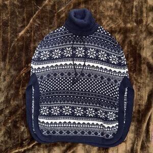 Made in the Shade M Blue/White Knit‎ Cinchable Turtleneck Lambswool Blend Poncho